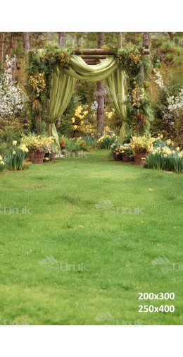 Tło fotograficzne „Leśna wiosenna altana z zielonymi zasłonami i narcyzami” | E690